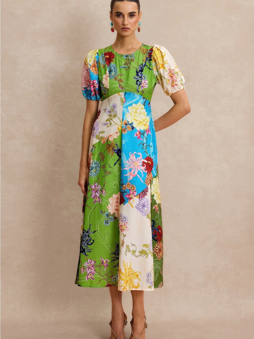 Floral Patchwork Midi Dress in Green & Blue